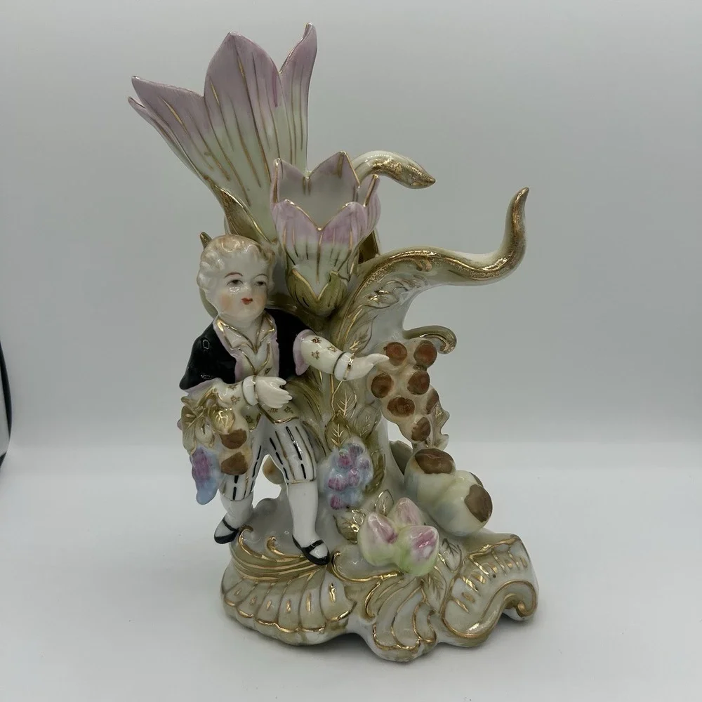 2 Pc Lenwile Ardalt Colonial French Boy & Girl Fruit Flower Double Vase Figurine